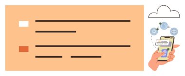 Güvenli ödeme uygulaması, yüzen dijital ikonlar ve bulut gösteren akıllı telefonlar. Teknoloji, finans, güvenlik, yenilik, ulaşılabilirlik kolaylığı minimalizmi için idealdir. Basit düz metafor