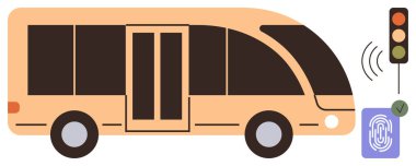 Biyometrik doğrulama cihazının yanındaki modern otobüs ve akıllı trafik ışığı. Toplu taşıma, teknoloji, kentsel planlama, yenilik, güvenlik, bağlantı, sürdürülebilirlik için idealdir. Basit bir daire.