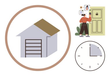 Woman uses smart lock system for secure home entry, featuring garage door, clock, and tech interface. Ideal for technology, security, automation, convenience, time management safety modern living
