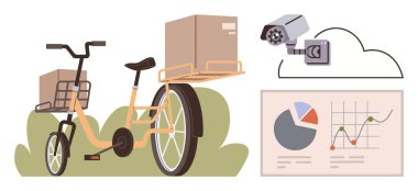 Cargo bike carrying packages, security camera monitoring, and statistical data charts. Ideal for logistics, delivery, surveillance, technology, data tracking e-commerce urban transport. Simple flat