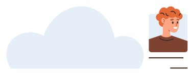 Bulut simgesinin yanında portre olan kullanıcı profili kartı. Temalar için ideal başparmak bulut bilgisayarı, veri depolama, dijital kimlik, ağ oluşturma, çevrimiçi varlık, teknoloji ve bağlantı. Basit.