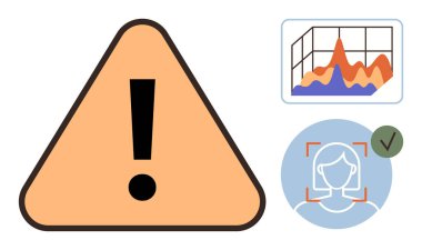 Ünlem işaretli uyarı sembolü, köşede 3D grafik ve teknoloji, güvenlik ve veri için yüz doğrulama işareti. Analiz, koruma, izleme ve teknoloji doğrulaması için ideal