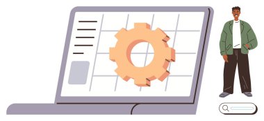 Dişli simgesi bir dizüstü bilgisayar ekranında gösterildi, ayarlar, teknoloji ve geliştirme. Yanında duran kişi etkileşimi, yaratıcılığı ve takım çalışmasını simgeler. IT, yenilik ve iş için ideal