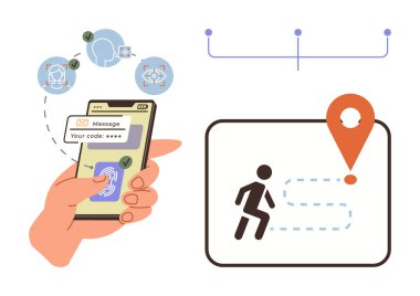 El, biyometrik doğrulama için akıllı telefon kullanıyor. Hareket eden figür ve harita işaretli konum izleme simgesi. Siber güvenlik, biyometrik erişim, veri gizliliği, konum hizmetleri, navigasyon için ideal