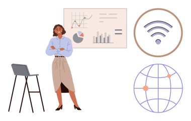 Grafik dolu bir sunum tahtası yakınında profesyonel duruş ve kablosuz bağlantı simgeleri temayı geliştirir. İş, teknoloji, iletişim, veri, liderlik, eğitim, küresel