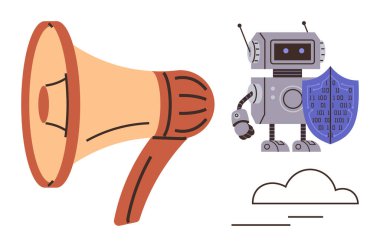 Robot ikili kod kalkanı, duyuruları ve uyarıları vurgulayan megafon ve dijital altyapıyı sembolize eden bulut. Teknoloji, iletişim, veri koruması ve bulut için ideal