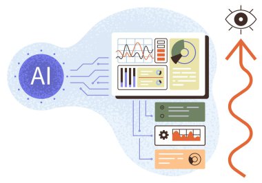 Analitik gösterge paneline veri analizi, öngörü ve görüşü temsil eden grafikler, grafikler ve akış görselleriyle bağlı yapay zeka işlemcisi. Yenilik, teknoloji, yapay zeka ve makine öğrenimi için ideal
