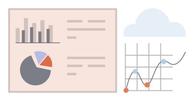 Çubuk grafik, pasta grafiği, çizgi grafiği bulutla örtülmüş. Veri bilimi, iş analizi, finansal izleme, pazar eğilimleri, büyüme, istatistiksel araştırma için ideal basit düz metafor