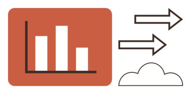 Veri analizini temsil eden çubuk şeması, veri transferini gösteren oklar, depolama veya hareket kabiliyetini belirten bulut referansı. Analiz, teknoloji, veri paylaşımı, bulut hesaplama, ağ oluşturma, tahmin etmek için ideal
