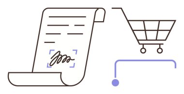 Roll of paper with signature and shopping cart symbolizes digital contracts, agreements, and e-commerce. Ideal for legal tech, online shopping, digital signature, contracts, transactions