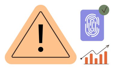 Ünlem işaretli uyarı üçgeni, işaretli parmak izi doğrulaması ve güvenlik, kimlik doğrulaması, veri büyümesi, analitik ve dikkat temalarını vurgulayan yukarı doğru çizelge oku. İdeal