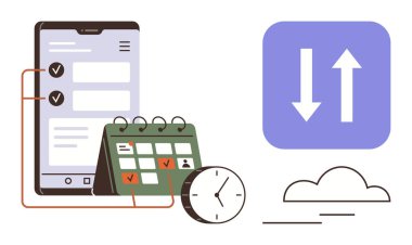 Bir takvim, saat ve bulut eşzamanlama simgesi ile görevleri gösteren mobil uygulama. Üretkenlik, zaman yönetimi, planlama, organize bulut depolama dijital araçları için idealdir. Basit.