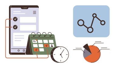 Görev listeli cep telefonu, masaüstü takvimi, saat, grafik simgesi ve satır grafiği. Organizasyon, verimlilik, analitik zaman yönetimi ve iş planlaması için ideal. Basit düz