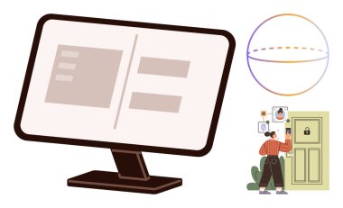 Bilgisayar ekranı dijital erişim için arayüz, akıllı kilit mekanizması kullanan birey ve soyut bağlantılı dünya. Siber güvenlik, teknoloji, veri koruması, yenilik ve erişim için ideal