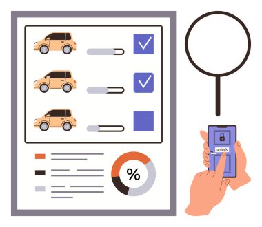 Kontrol listesi, üç araçlı araç takibi, seçim için sürgüler, pasta grafiği ve akıllı telefon kilidi açma fonksiyonu. Filo yönetimi, uygulama tasarımı, teknoloji, ulaşım, analitik için ideal