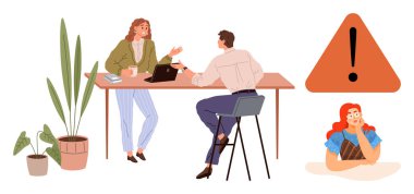 İki meslektaş, bitkilerle bir masada otururken iş hakkında konuşur. Üçgen uyarı işareti ve düşünen bir kişi karar verme, ihtiyat ve işbirliği konularını vurguluyor. Takım çalışması için ideal