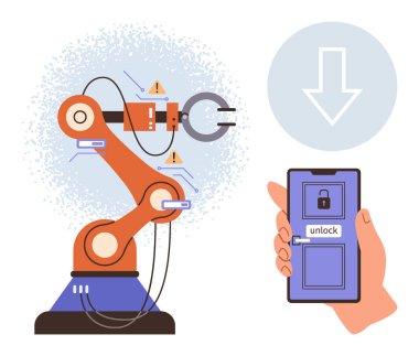 Otomatik robot kolu kilidi aç düğmesiyle mobil uygulamaya bağlandı. Uzaktan kumandayı, güvenliği ve teknolojiyi ön plana çıkarıyor. Yenilik için ideal, akıllı aygıtlar, robotik, otomasyon, loto mühendisliği
