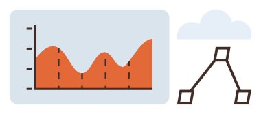 Eğim verileri, bulut yukarıda ve bağlı diyagramlarla çizgi grafiği. İstatistik, analitik, bulut hesaplama, akış, veri görselleştirme ağı için idealdir. Temiz ve basit düz metafor