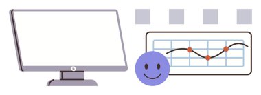 Masaüstü monitörü yükselen eğilimleri gösteren bir grafiğin yanında mutlu yüz işaretleme başarısını gösteriyor. Analiz, ilerleme, pozitiflik, büyüme, hedefler, raporlama, takım çalışması için ideal. Basit düz metafor