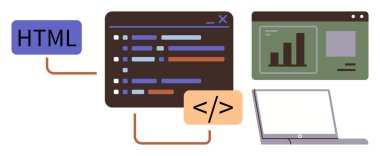 HTML etiketi, kod satırlı kodlama penceresi, analitik grafikli tarayıcı ve dizüstü bilgisayar. Programlama, web tasarımı, analitik, yazılım geliştirme kodlama teknolojisi eğitimi için idealdir. Basit düz