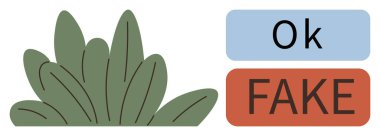 Green bushy leaves paired with contrasting Ok in blue and Fake in red blocks. Ideal for honesty, integrity, truth, fraud detection, decision-making, branding, evaluation, simple flat metaphor