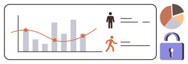Graph showcasing trends, user profiles with stats, pie chart, and security lock icon. Ideal for data tracking, user analytics, trend analysis, cybersecurity, performance monitoring business