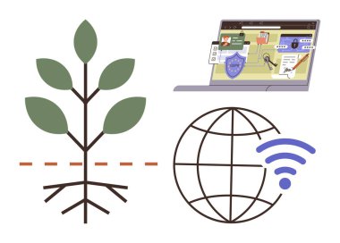 Görünür köklere sahip bitki, siber güvenliği ve tarım araçlarını gösteren dizüstü bilgisayar, kablosuz dünya. Sürdürülebilirlik, teknoloji, tarım, yenilik, bağlantı, çevre dostu uygulamalar için ideal