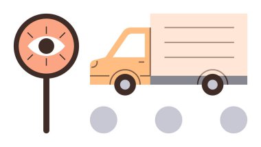 Güvenlik, izleme, lojistik, ulaşım, filo yönetimi, trafik kontrolü ve güvenliği gösteren hareket işaretleri olan bir teslimat kamyonunun yanında. Basit düz metafor için ideal
