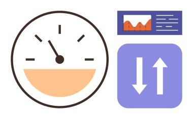 Hız göstergesi performansı izler, grafik eğilimleri analiz eder, oklar veri akışını gösterir. Ölçüm, hız, analitik, performans, ilerleme veri yönetimi için ideal. Basit bir düz metafor.