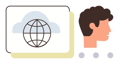 Küre bulutları, insan profili ve noktalar küresel bağlantıyı, bulut teknolojisini, iletişimi ve takım çalışmasını iletir. Teknoloji, iletişim, bütünleşme, küreselleşme için ideal insan