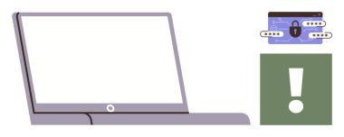 Bilgisayarı aç, güvenlik kilidi ve şifre alanlarıyla tarayıcı sayfası aç ve bir ünlem ikonu online güvenlik ve uyarıyı vurgula. Siber güvenlik, veri koruması, alarm sistemleri ve bilişim riski için ideal