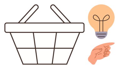 Büyük alışveriş sepeti, yanan ampul ve işaret eden el yaratıcı düşünme, karar verme ve tüketici tercihlerini akla getiriyor. Yenilik, e-ticaret, alışveriş, planlama işi için ideal