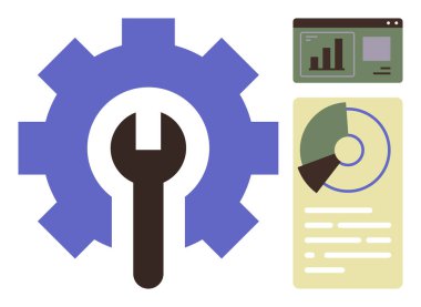 Analiz için bar çizelgesi ve pasta grafiğiyle birlikte, dişli ve ingiliz anahtarı sistem bakımını gösteriyor. Yönetim için ideal, verimlilik, veri, bakım, verimlilik, ilerleme teknolojisi. Basit.