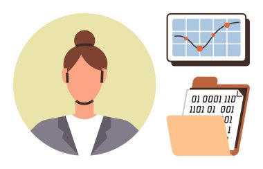 Analiz çizelgesi ve ikili kod belgelerinin yanında kulaklık takan bir iş kadını. İletişim, veri analizi, teknoloji, müşteri desteği, iş, bilgi paylaşımı ve takım çalışması için ideal. A