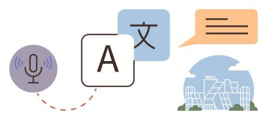 Mikrofon sembolü, dil blokları, konuşma balonu ve küresel iletişim, seyahat veya iş dünyası için alışveriş merkezi ikonu. Çeviri hizmetleri, eğitim, yapay zeka küreselleşme ulaşımı için ideal