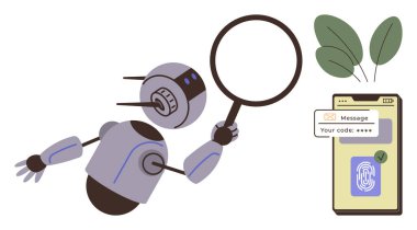 Robot holding magnifying glass near smartphone displaying message, fingerprint verification, leaves. Ideal for technology, cybersecurity, AI, authentication, innovation, privacy secure login simple