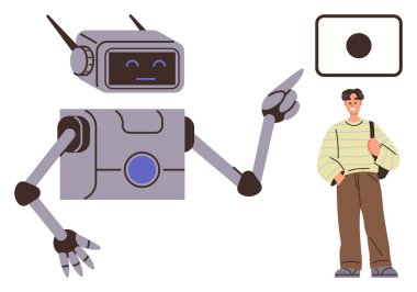 Robot pointing at a board beside a standing young man holding a bag. Ideal for technology, education, AI interaction, human-robot collaboration, innovation, learning, teamwork, simple flat metaphor