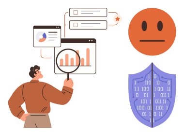 Haritayı analiz eden ve içgörüleri araştıran, geri bildirim yapan duyarlılığı yansıtan, ikili kodlu siber güvenlik kalkanı. Araştırma, analitik, kullanıcı deneyimi, güvenlik, veri içgörüleri için ideal