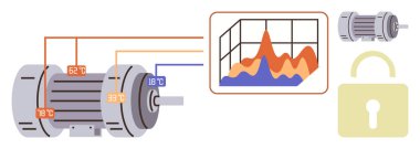 Sıcaklık sensörlerine bağlı endüstriyel motor ve performans verilerini gösteren bir grafik. Dijital güvenlik kilidi güvenliği gösteriyor. Verimlilik, güvenlik, analiz, otomasyon, teknoloji için ideal