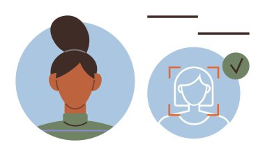 Kullanıcı avatarı ve biyometrik yüz tanıma sistemi arayüzü ile profil doğrulaması. Güvenlik, teknoloji, kimlik, kimlik doğrulama, hesap erişimi, biyometrik, basit düz metafor