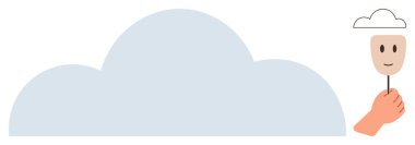 Elleri, gülümseyen bir maske ve büyük bir bulutla çelişen küçük bir bulut tutuyor. Psikoloji, duygular, konsept, akıl sağlığı, gizli kimlik, pozitiflik için ideal