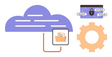 Veri erişimi için bağlı klasör, dişli sembolü ve parola penceresi olan bulut yapısı. Teknoloji, güvenlik, depolama, bulut hesaplama, veri koruması, dijital dönüşüm işi için ideal