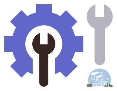 İngiliz anahtarı endüstri, bakım ve mühendisliği sembolize eden bir dişlinin içine yerleştirilmiş. Endüstriyel bağlamda küçük bir fabrika elemanı. Tamir, araç-gereç, endüstri, mühendislik ve üretim için ideal