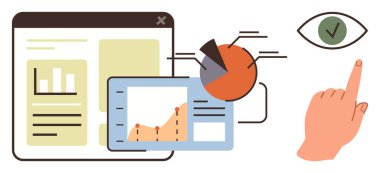 Analitik gösterge panelinde pasta grafiği, bar grafiği, çizgi çizelgesi işaretli bir gözle analitiği gösteren el işaretleri var. Veri analizi, iş raporları, kullanıcı katılımı, istatistik ve pazarlama için ideal