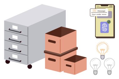 File cabinet, storage boxes, and smartphone with biometric lock represent data storage, security, and mobile access. Light bulbs symbolize innovation. Ideal for organization, safety, creativity
