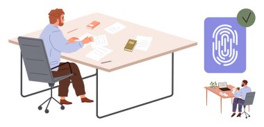 Masada oturan adam belgeleri inceliyor, parmak izi doğrulama simgesi ile güvenliği vurguluyor. İş yeri güvenliği, veri koruması, biyometreler, üretkenlik, yenilik, şirket için ideal