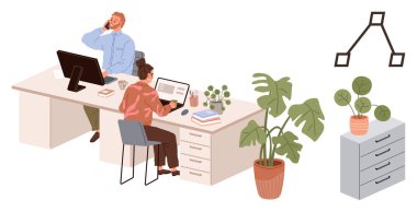 Bilgisayarlar, belgeler ve fabrikalarla ortak masalarda çalışan iki ofis çalışanı. Takım çalışması, üretkenlik, iş dünyası, modern çalışma alanları, işbirliği, organizasyon için ideal