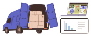 Kutularla dolu bir teslimat minibüsü, yanında lojistik yönetim araçları ve bar çizelgesini gösteren bir laptop ekranıyla birlikte. E-ticaret, tedarik zinciri, nakliye, teknoloji ve paket hizmeti için ideal