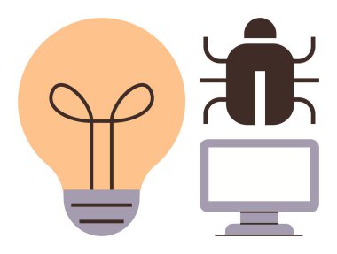 Light bulb next to a bug and computer representing innovation, software debugging, tech issues, troubleshooting, programming, creative solutions. Ideal for innovation, software development, IT