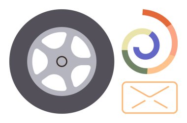 Bir araba tekerleği, renkli segmentli pasta grafiği ve zarf simgesi hareket, analiz ve iletişimi temsil ediyor. İş, teknoloji, lojistik, pazarlama veri analizi hareketlilik takım çalışması için ideal